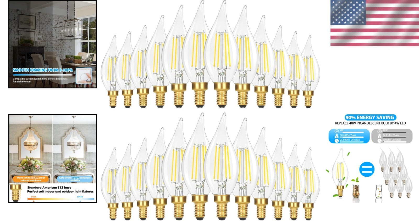 E12 LED Chandelier Light Bulbs Pack of 24 - 460 Lumens Dimmable Elegance