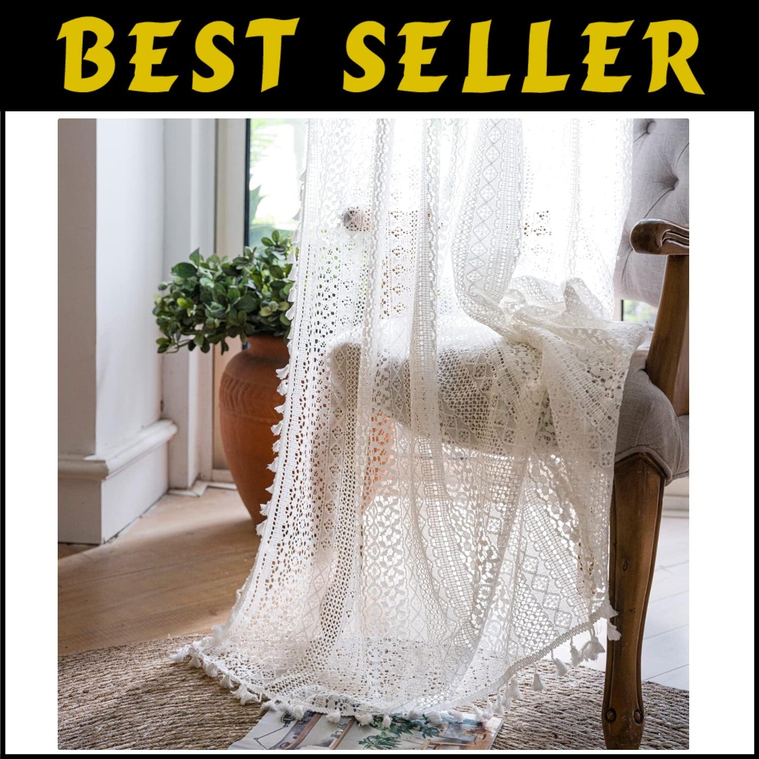 84 Inch Victorian Cotton Lace Curtains - Semi-Sheer Antique Drapes Set of 2