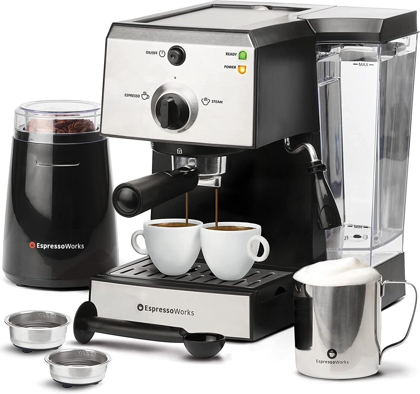 Professional Espresso Machine with Grinder & Milk Frothing Cup - 7-Piece Bundle