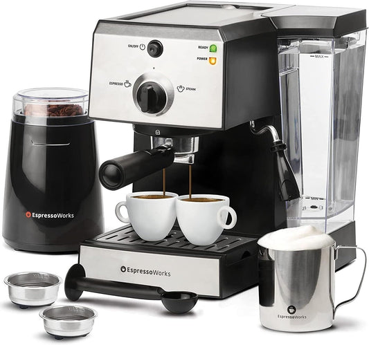 Professional Espresso Machine with Grinder & Milk Frothing Cup - 7-Piece Bundle