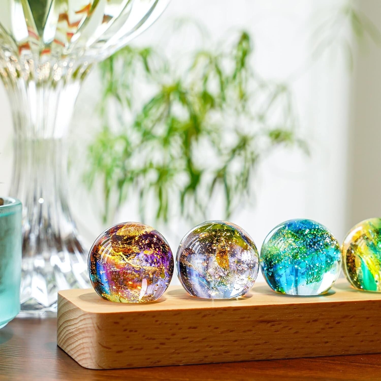 Multicolor 7 Chakra Crystal Spheres on Wooden LED Base - Perfect Gift Set