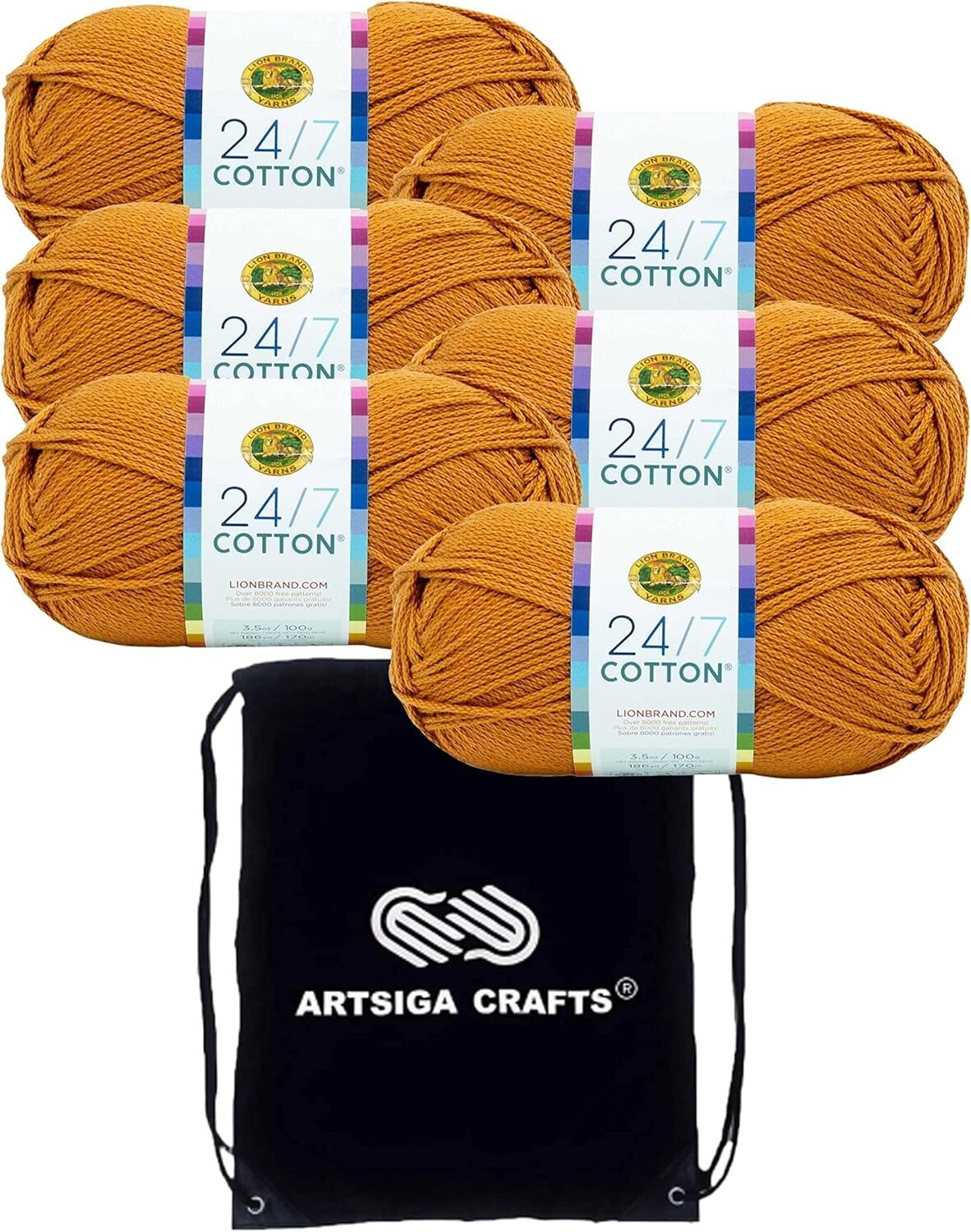 6 Skeins of 24/7 Cotton Amber Yarn with Project Bag for Knitting & Crocheting