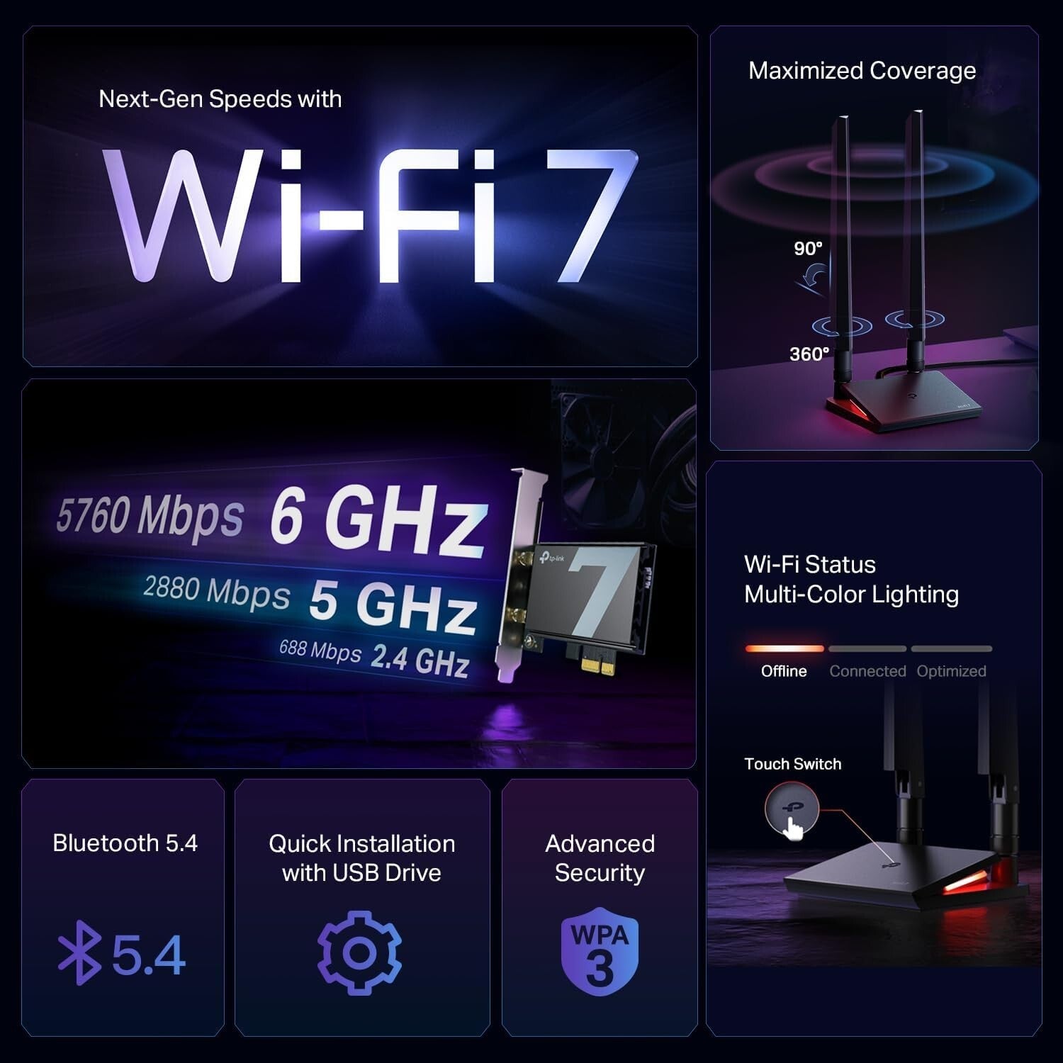 WiFi 7 BE9300 PCIe Card: Tri-Band Wireless & Bluetooth 5.4 for Powerful Desktops