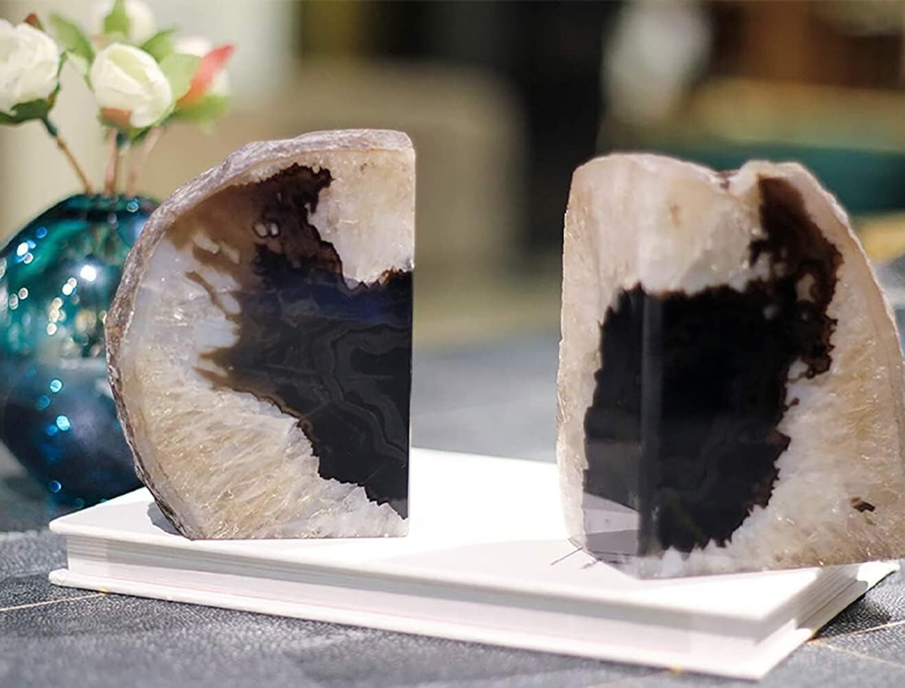 Elegant Heavy Duty Black Agate Bookends - 1 Pair of Unique Crystal Book Holders