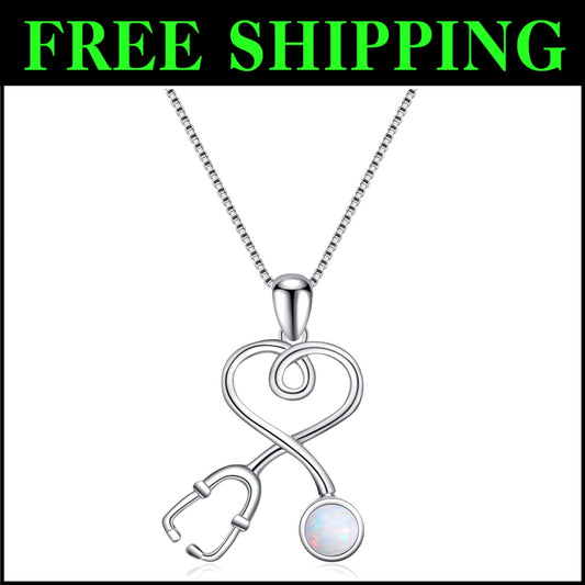 Hypoallergenic Medical Jewelry: Stethoscope Necklace with Opal Birthstone Charm