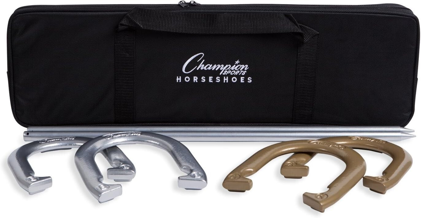 Classic Horseshoe Game Set: Four Steel Shoes and Stakes in Weather-Resistant Bag