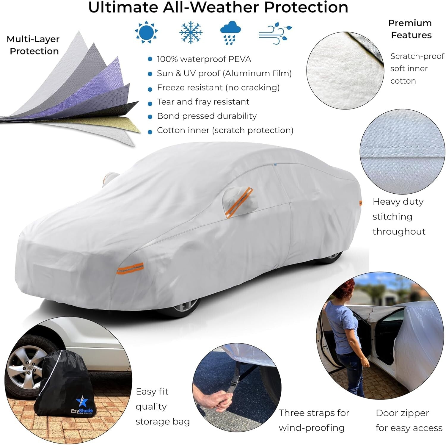 Durable 10-Layer w/ Zipper Access Car Cover - Waterproof for All Conditions