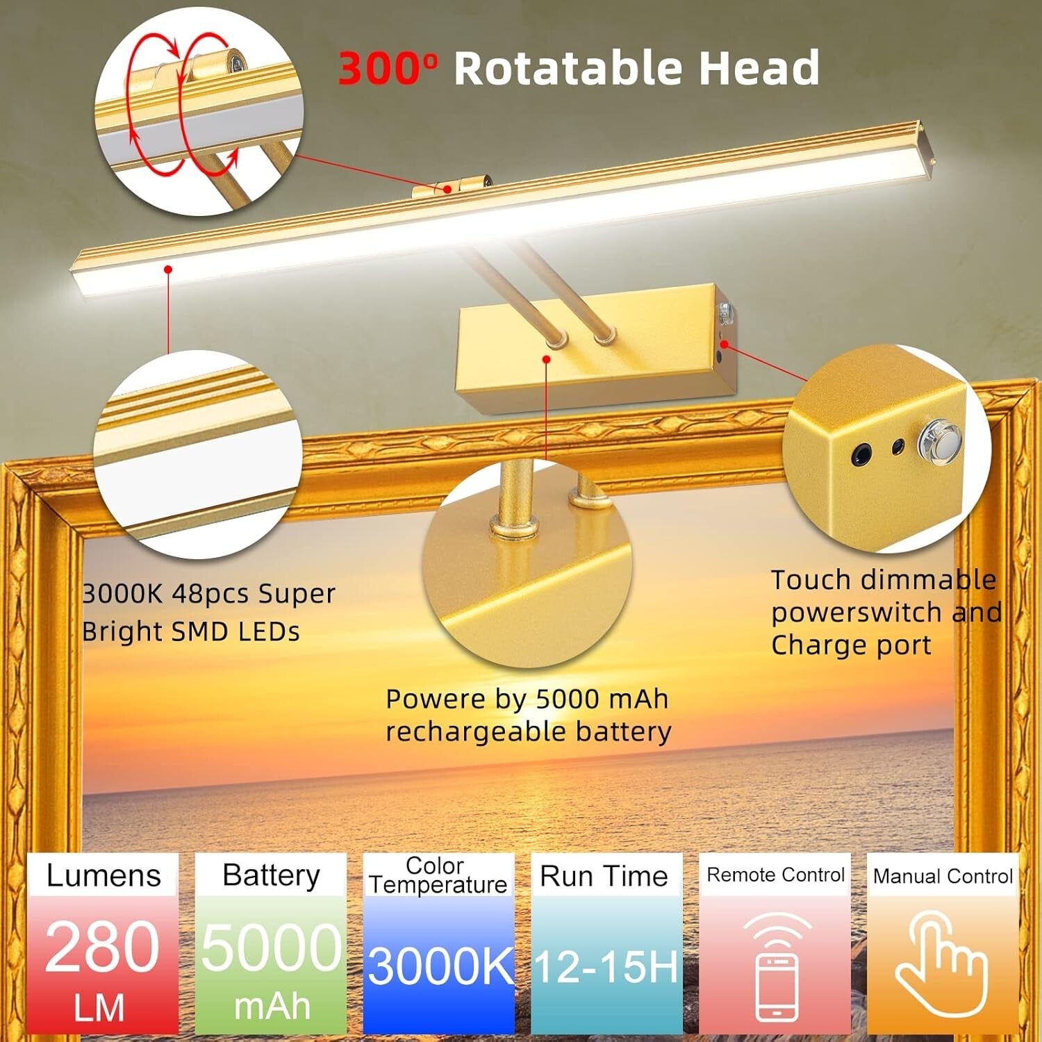 Battery-Powered 20” Gold Picture Light with Auto-Off Timer & Remote Control