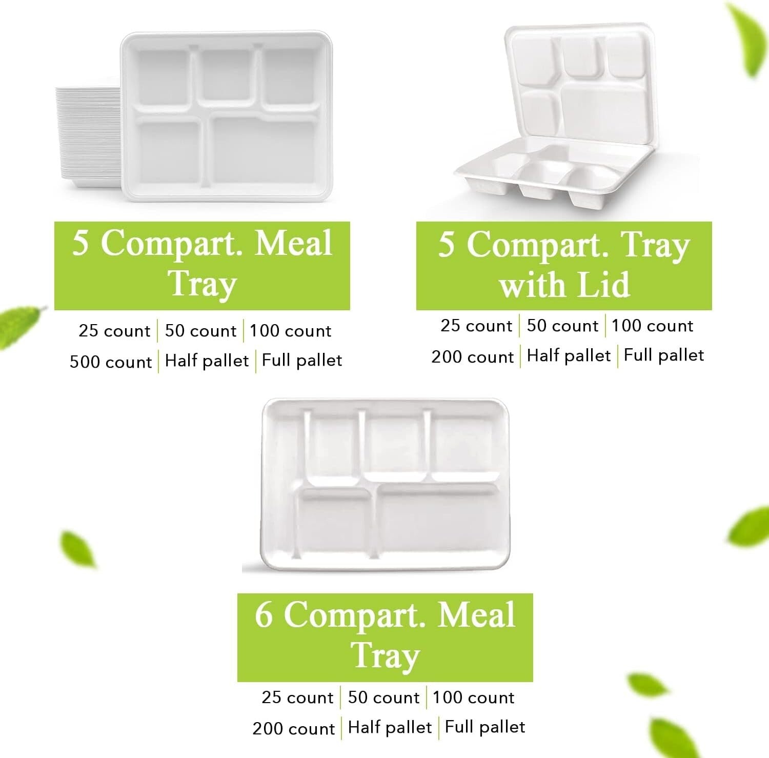 Heavy-Duty 5-Compartment Eco-Friendly Meal Tray Set - 200 Biodegradable Plates