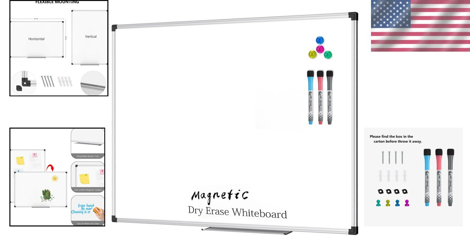 Flexibly Mounted Aluminum Whiteboard - Smooth Writing for Classroom & Office