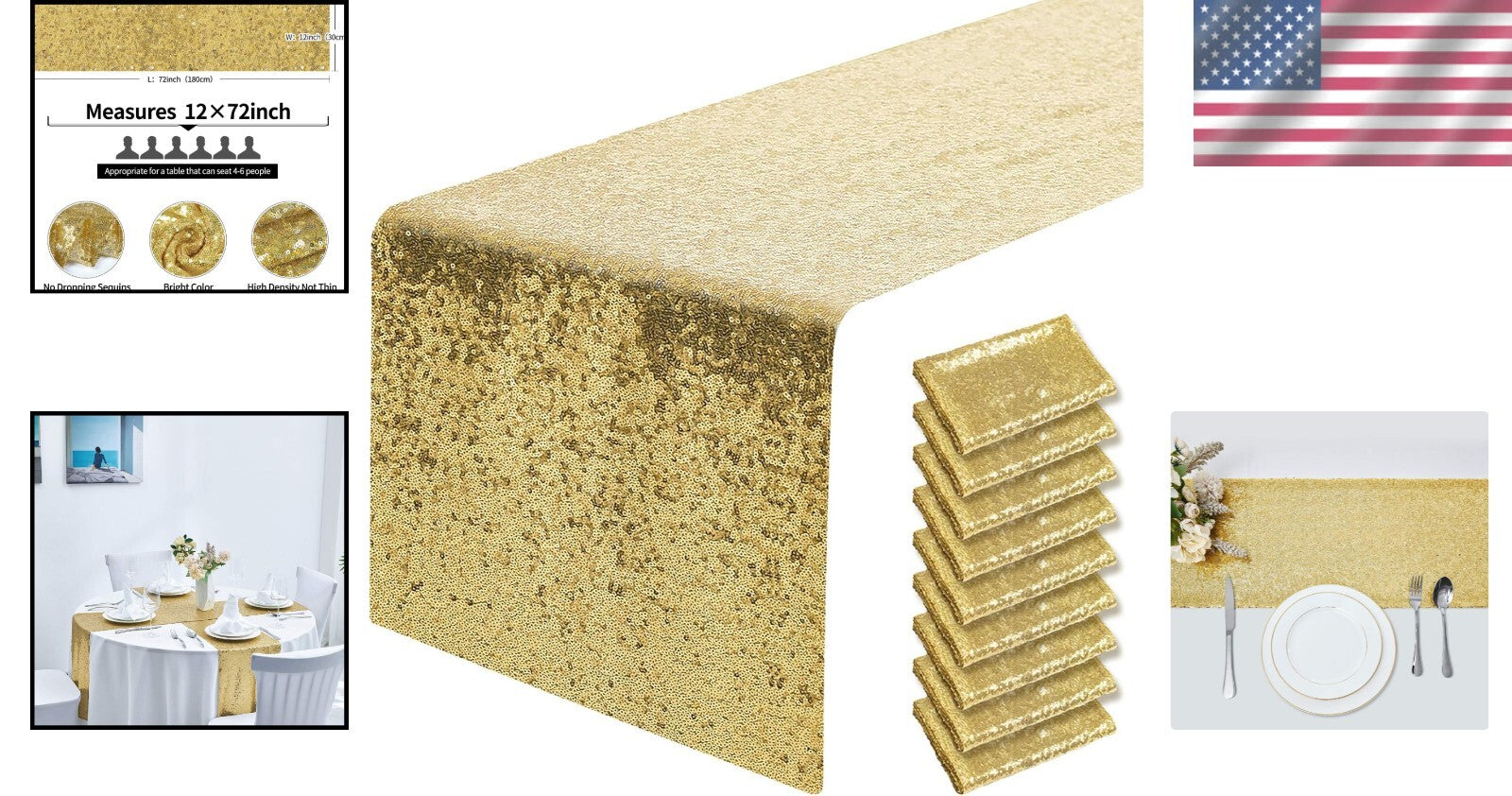 Dazzling Gold Sequin 12x72" Table Runners - Perfect for Parties, Weddings