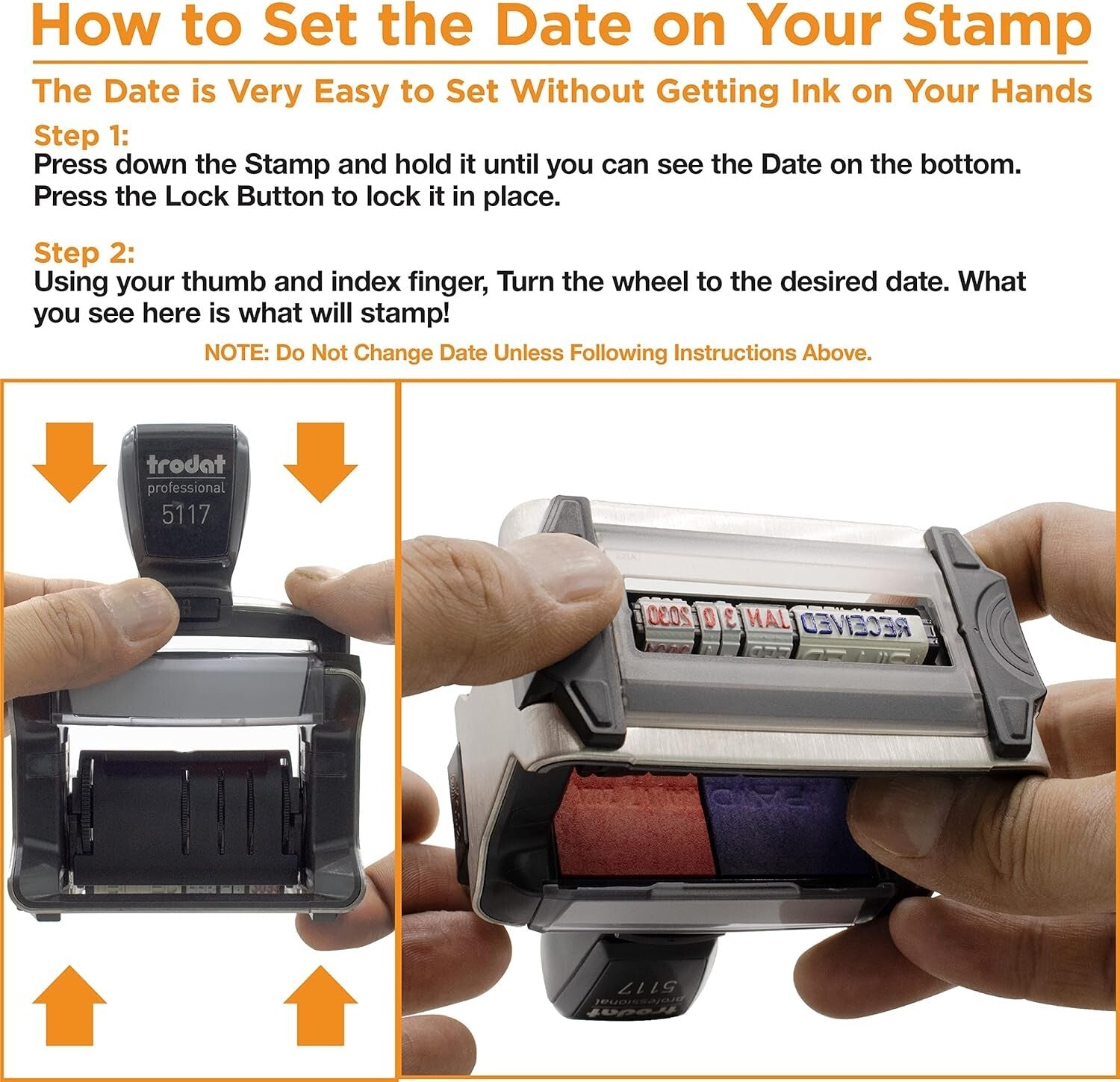 Durable 12-Message Professional Date Stamp with Built-In Ink Cover - 5117 Model