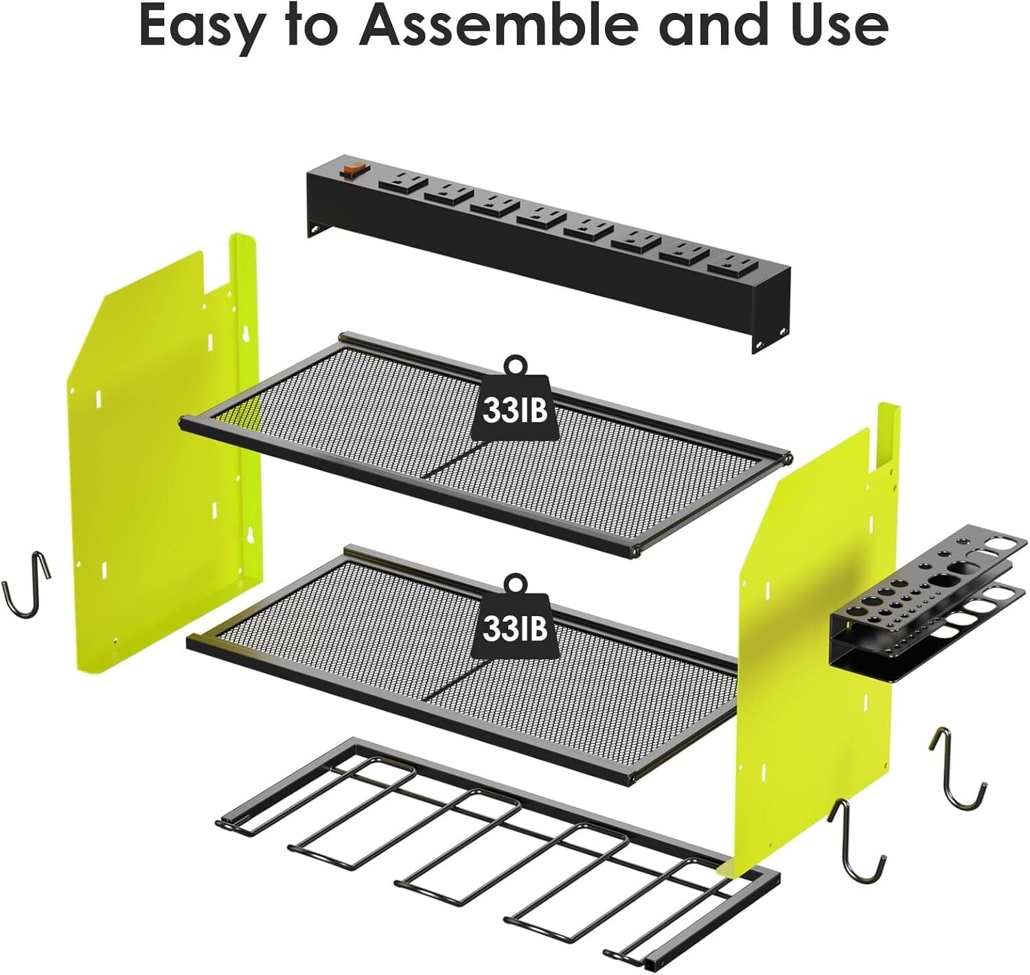 Efficient Power Tool Wall Organizer with 4 Slots, Hooks, and Surge Protection