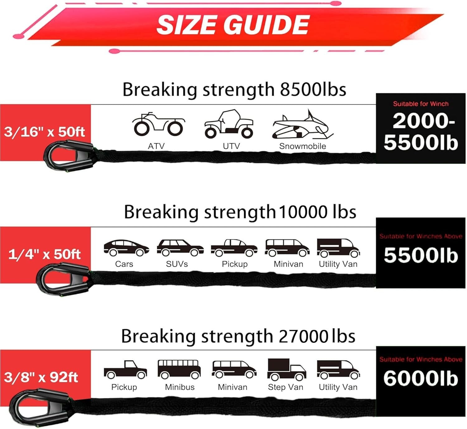 1/4''x50' Synthetic Winch Rope with Hook & Safety Strap - 35000 Lbs Strength