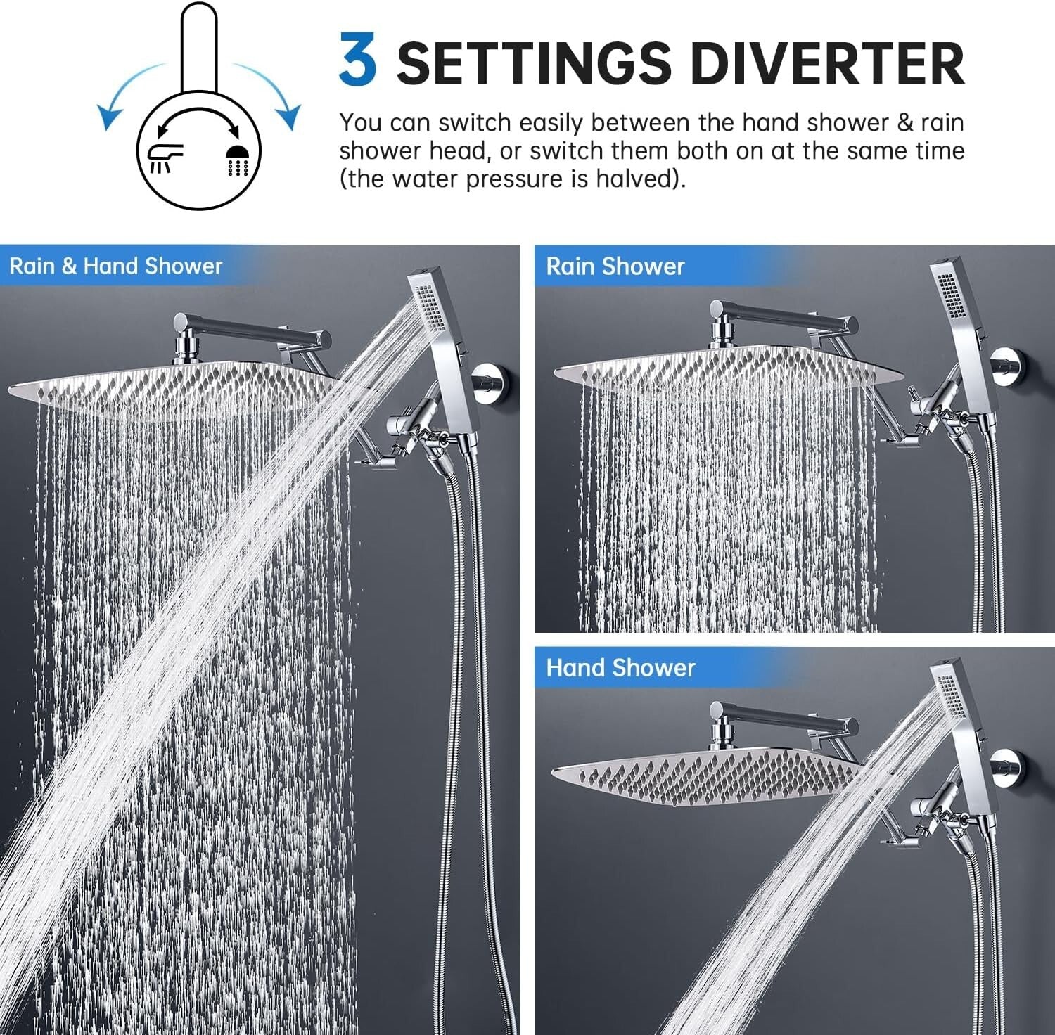 Luxury 14-Inch Rainfall Shower Head & Handheld Spray with 3 Settings Diverter