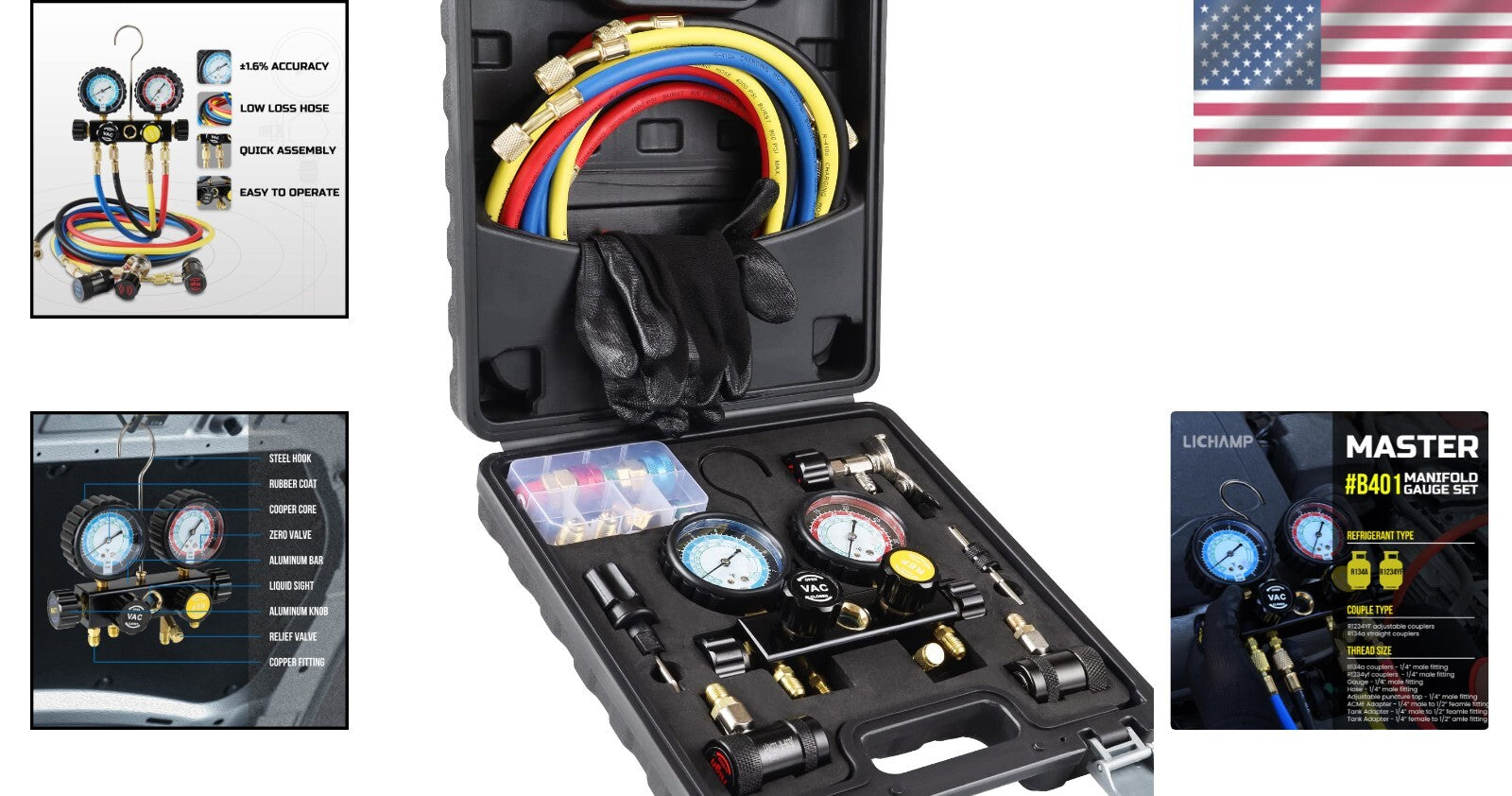 4-Valve Automotive AC Gauge Set for R1234YF & R134A Refrigerants - Heavy Duty