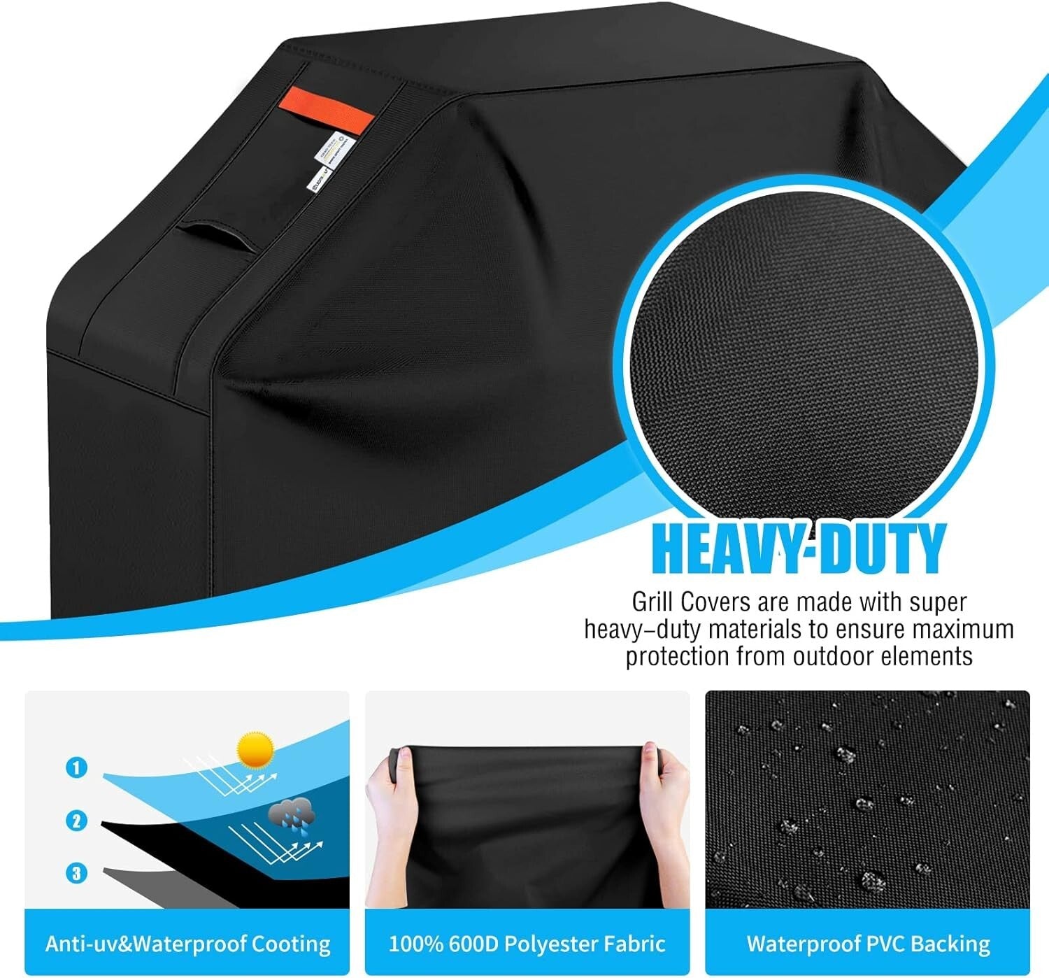 Premium Black BBQ Grill Cover 600D with Adjustable Straps - Weather Resistant