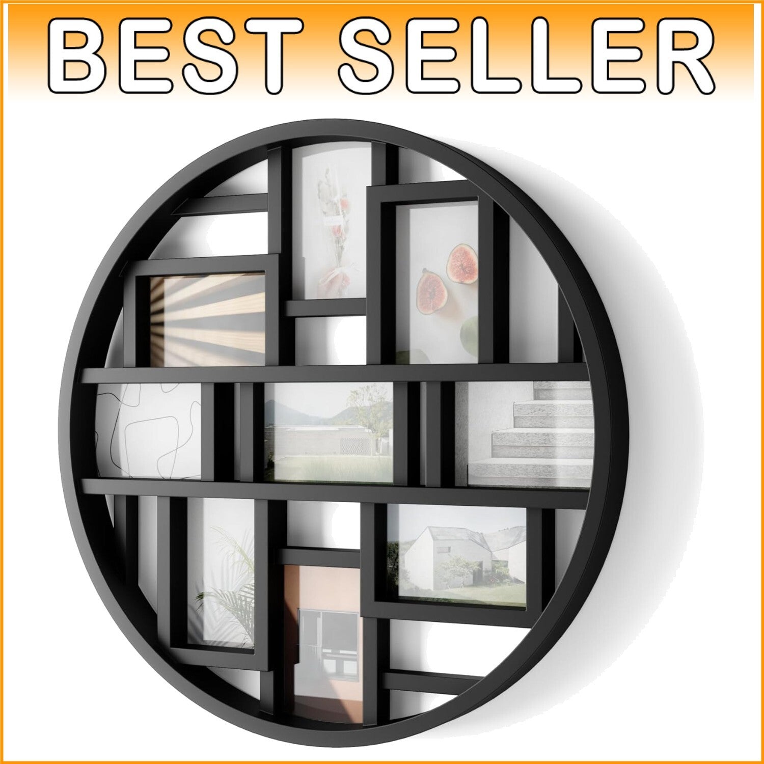 Gallery-Style Black Collage Frame Holds 9 Photos, 22-Inch Round Decor