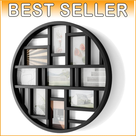 Gallery-Style Black Collage Frame Holds 9 Photos, 22-Inch Round Decor