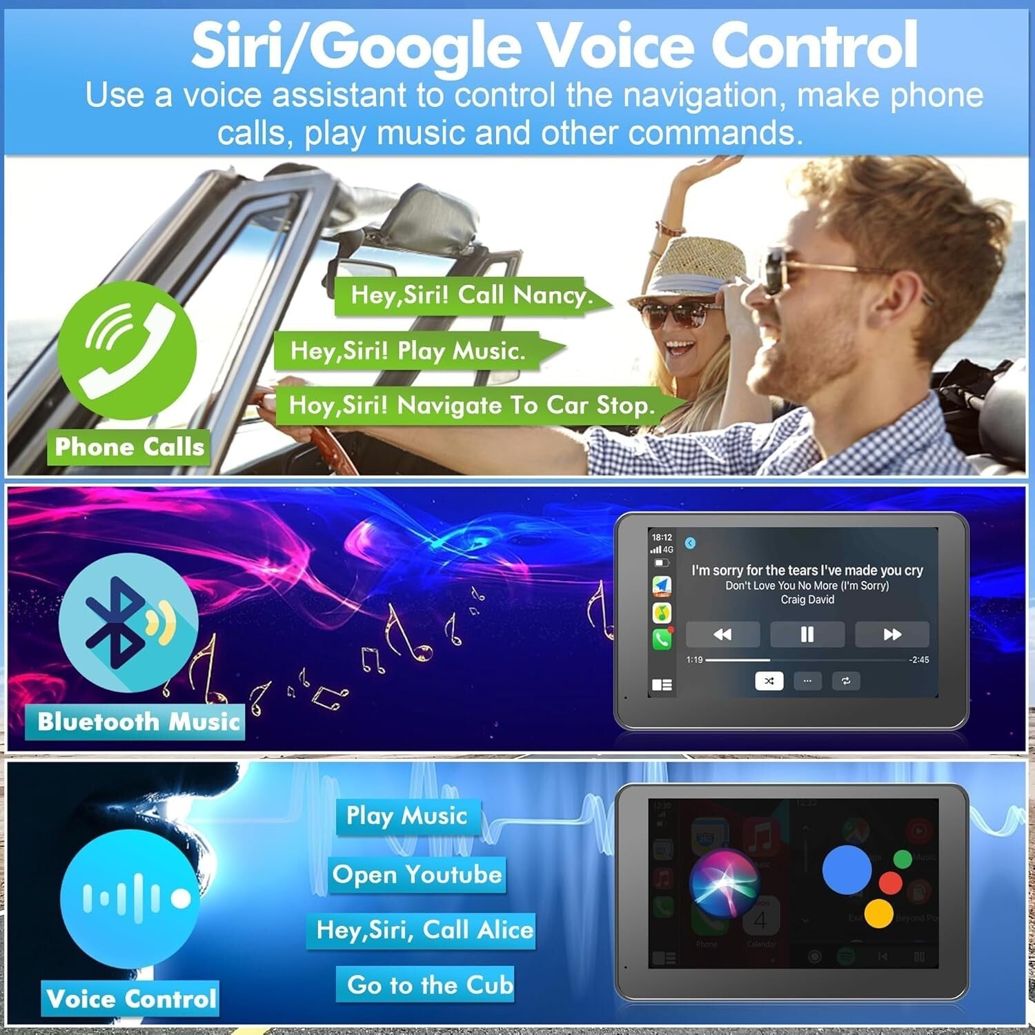 Portable 7-Inch Wireless Carplay Screen with Voice Control & HD Video Features