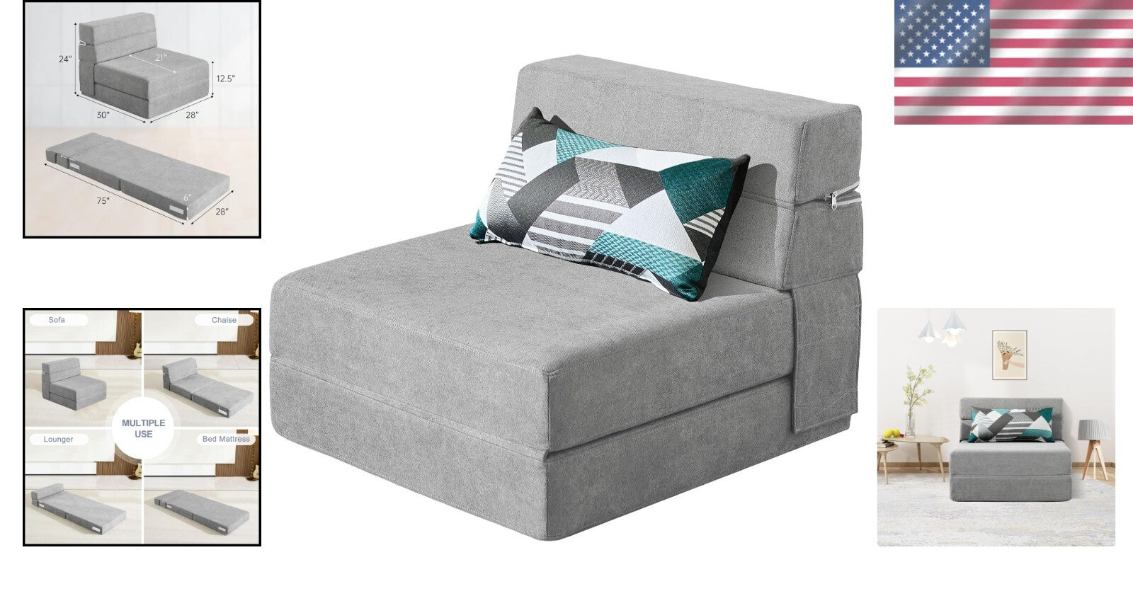 Transformable Light Gray Sofa Bed Couch - Comfortable Folding Chair with Pillow