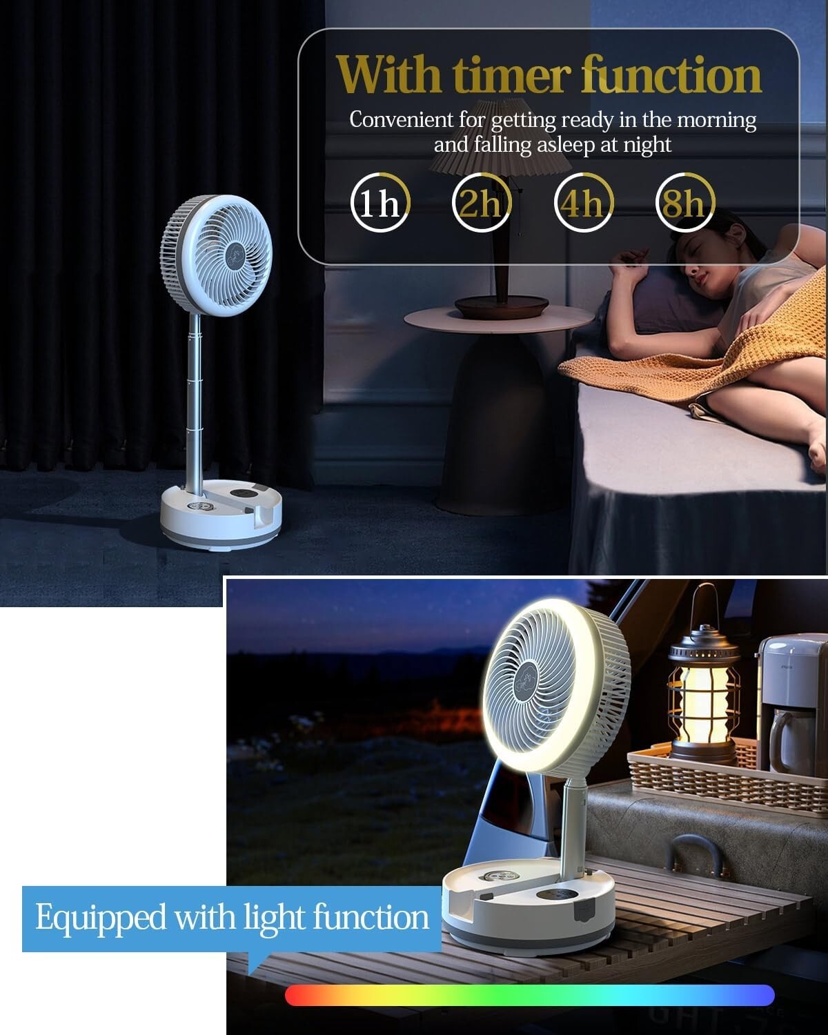 10-Inch Oscillating Portable Fan with Remote, LED Lights & 114HR Battery Life