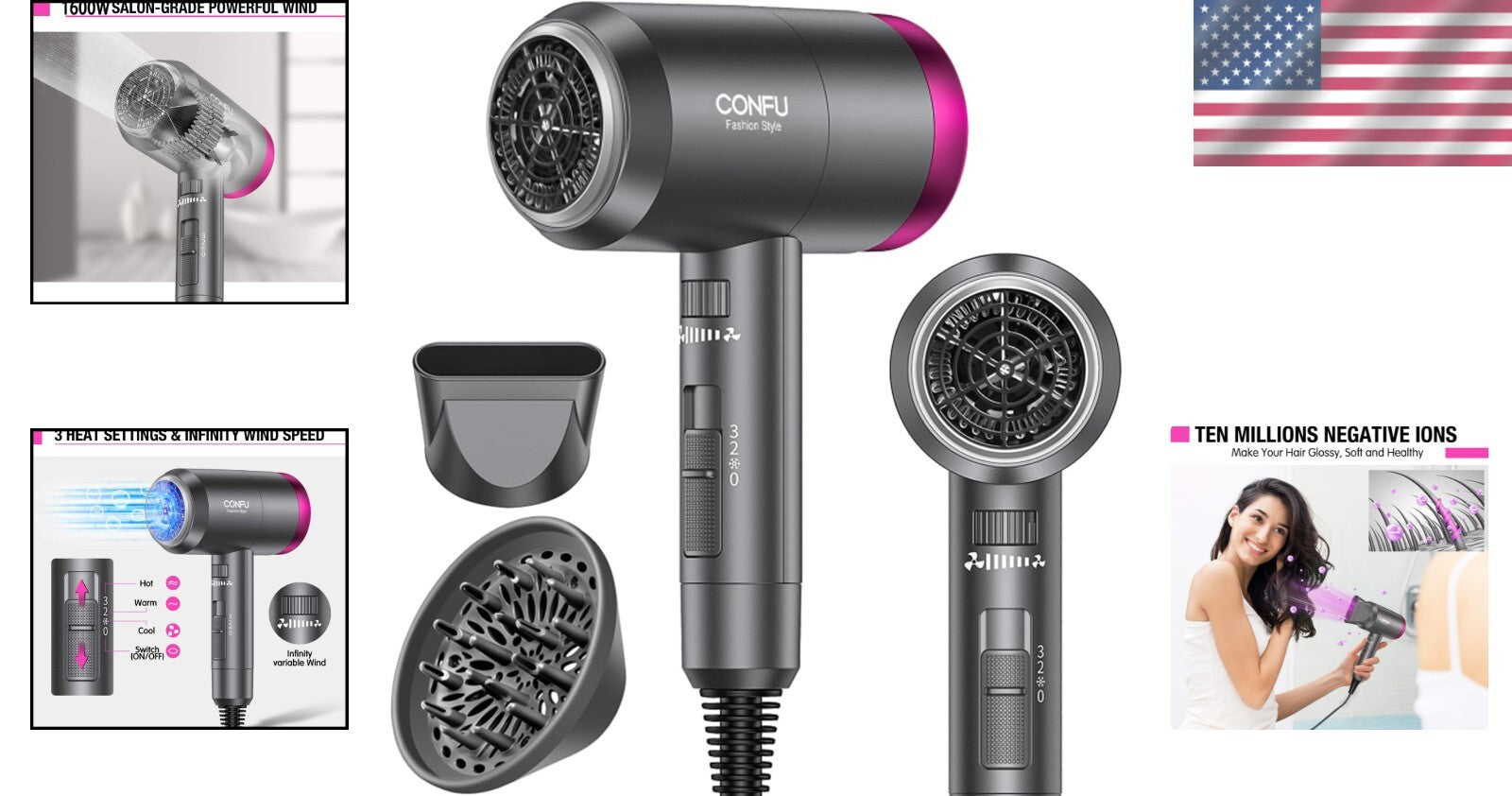 Ionic Blow Dryer 1600W - Portable Lightweight Hair Dryer with Diffuser & Nozzle