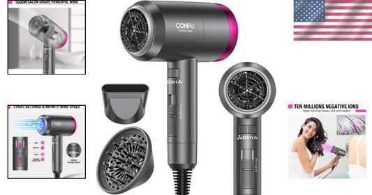 Ionic Blow Dryer 1600W - Portable Lightweight Hair Dryer with Diffuser & Nozzle