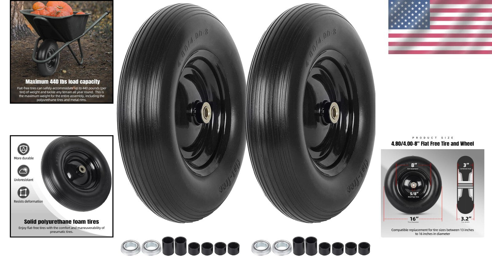 16-Inch Non-Marking Wheelbarrow Tires: Flat Free, Easy Installation & Adaptable