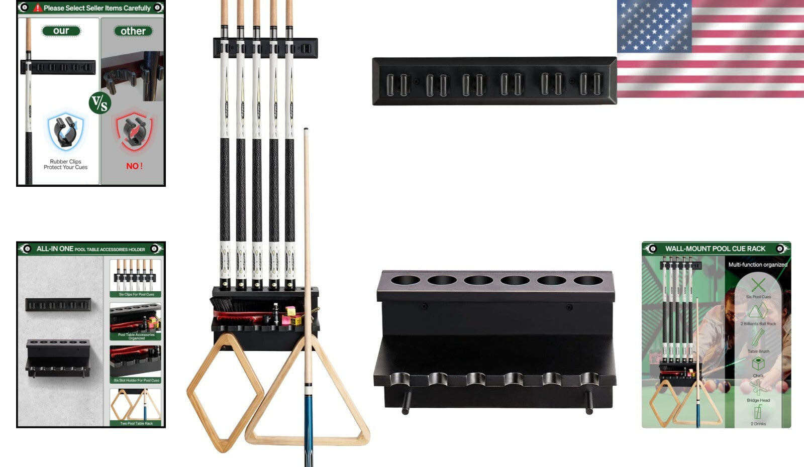 Classic Oak Pool Cue Storage Rack - Holds 6 Cues & Billiard Accessories