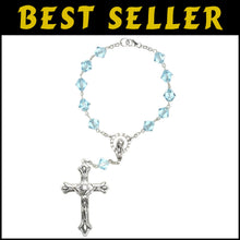 Load image into Gallery viewer, Unique 8-Inch Auto Clasp Rosary with Aquamarine Beads &amp; Silver Plate Crucifix