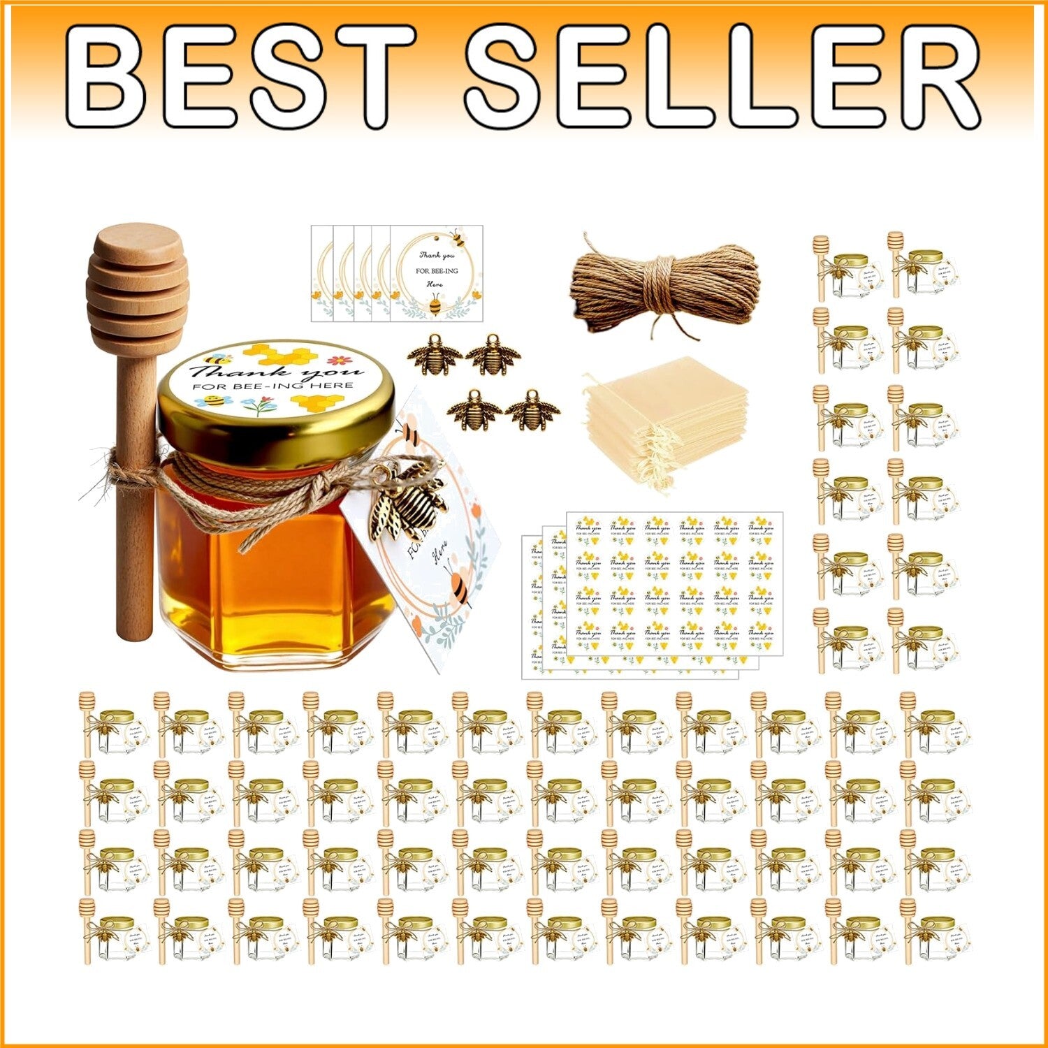 Elegant 1.5 oz Honey Jars with Gold Lids & Wood Dippers for Celebrations
