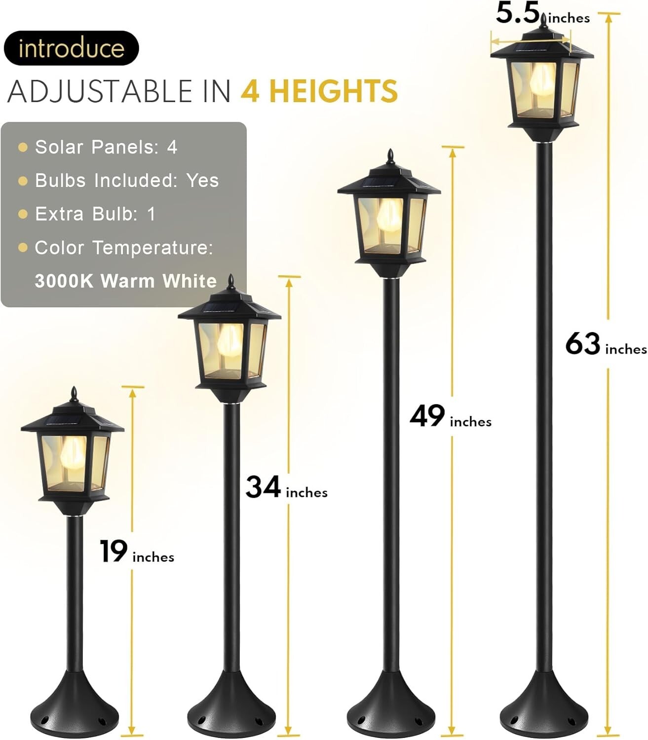 Decorative 63" Solar Pole Lights - Warm White Illumination for Outdoor Spaces