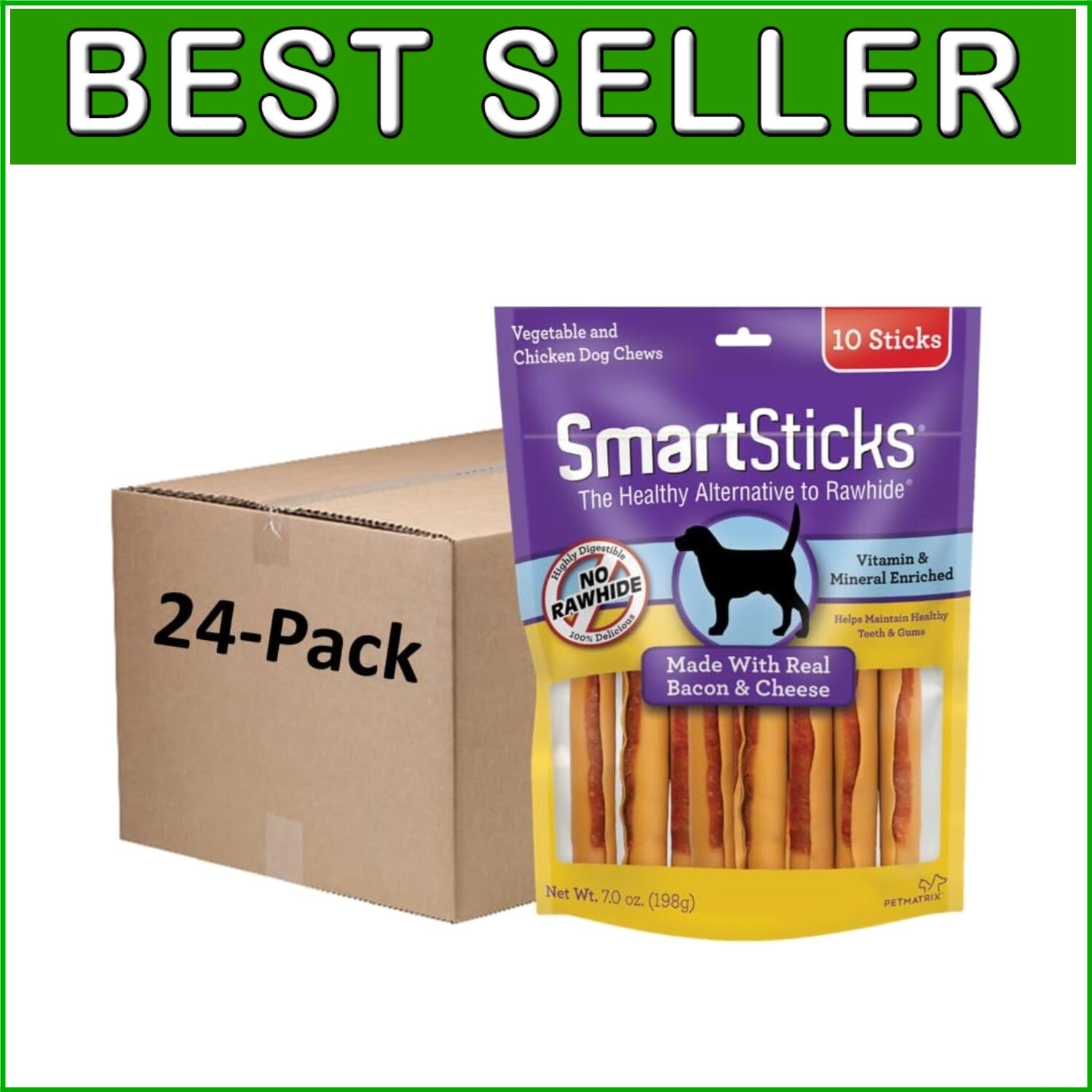 SmartSticks - 24 Packs of Real Bacon and Cheese Chews for Dogs | All Breeds