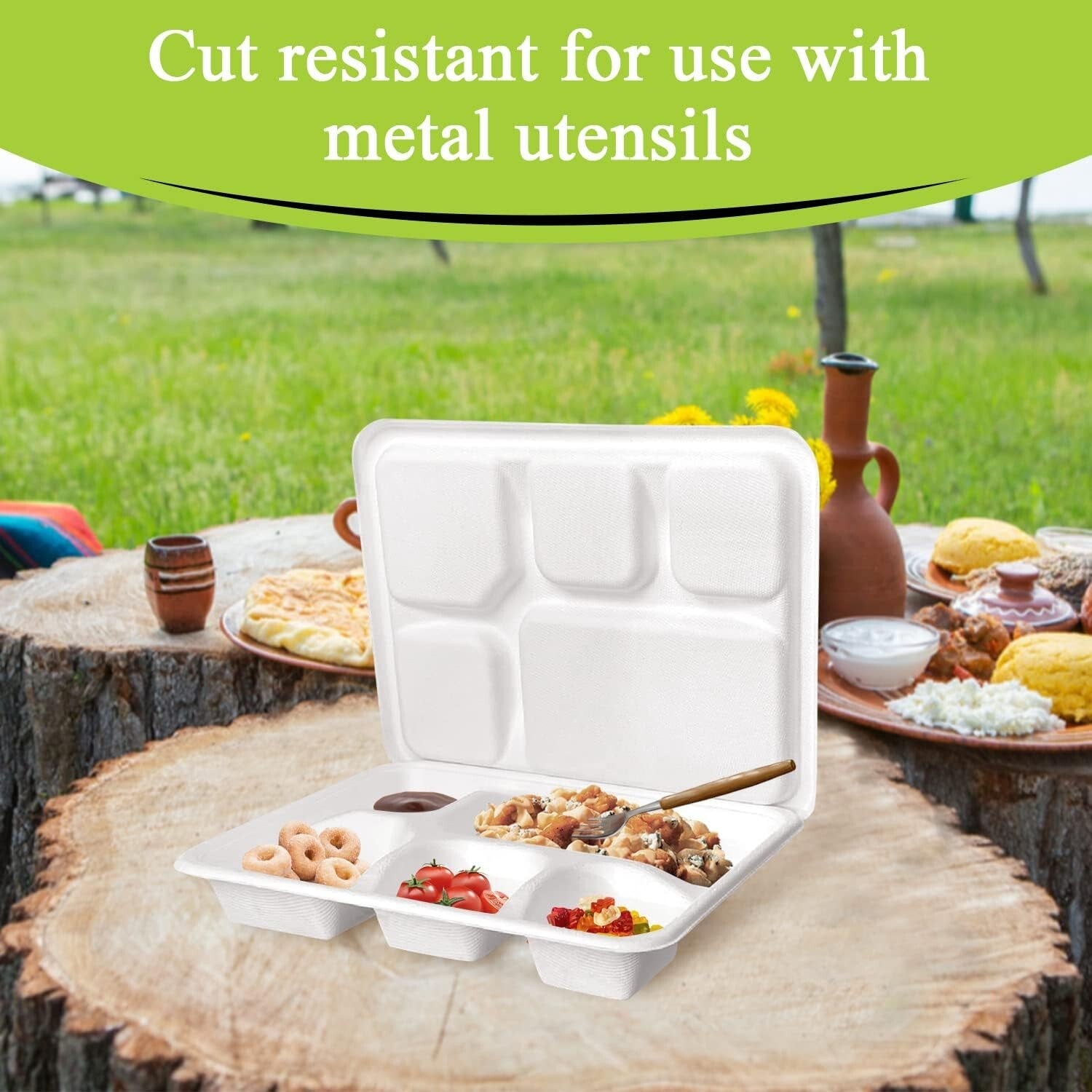Heavy-Duty 5-Compartment Eco-Friendly Meal Tray Set - 200 Biodegradable Plates