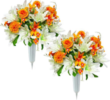 Load image into Gallery viewer, Elegant Silk Rose and Lily Bouquets for Headstone Decoration – Lasting Tribute