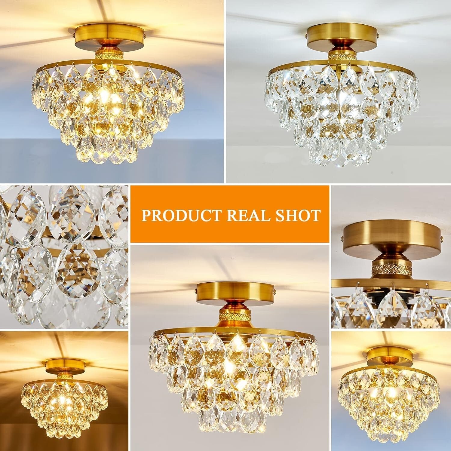 Elegant Gold Crystal Chandelier Semi-Flush Mount Light for Modern Interiors