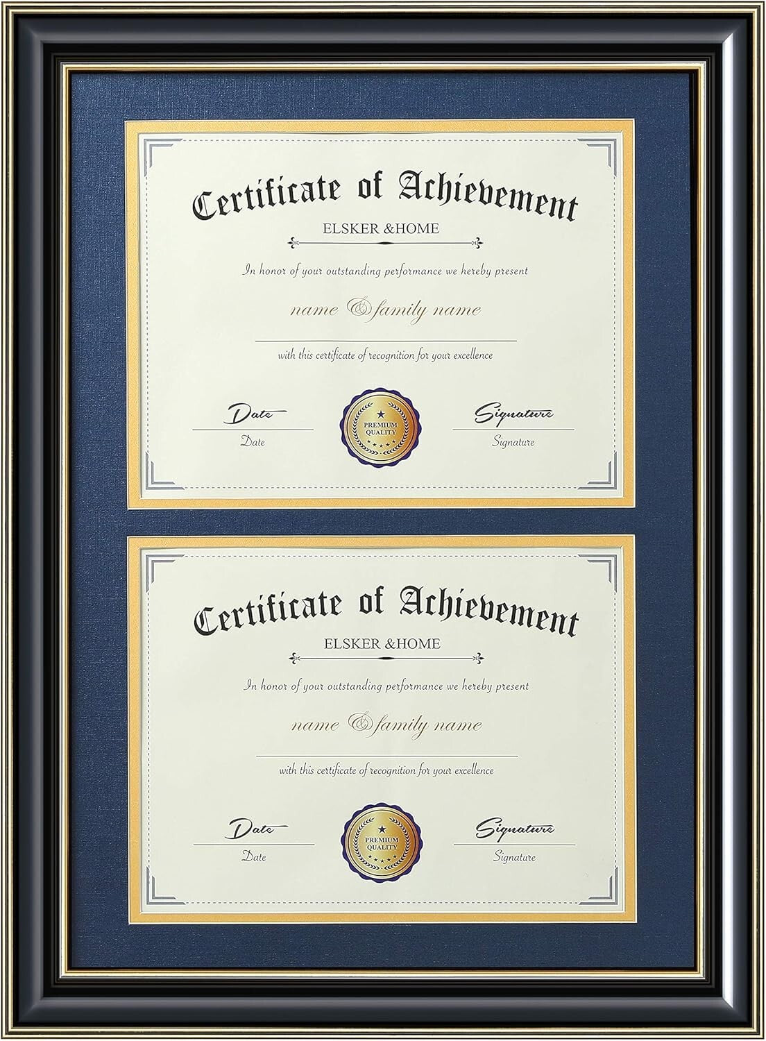 Double Frame for Certificates with Navy and Gold Mat - Perfect Graduation Gift