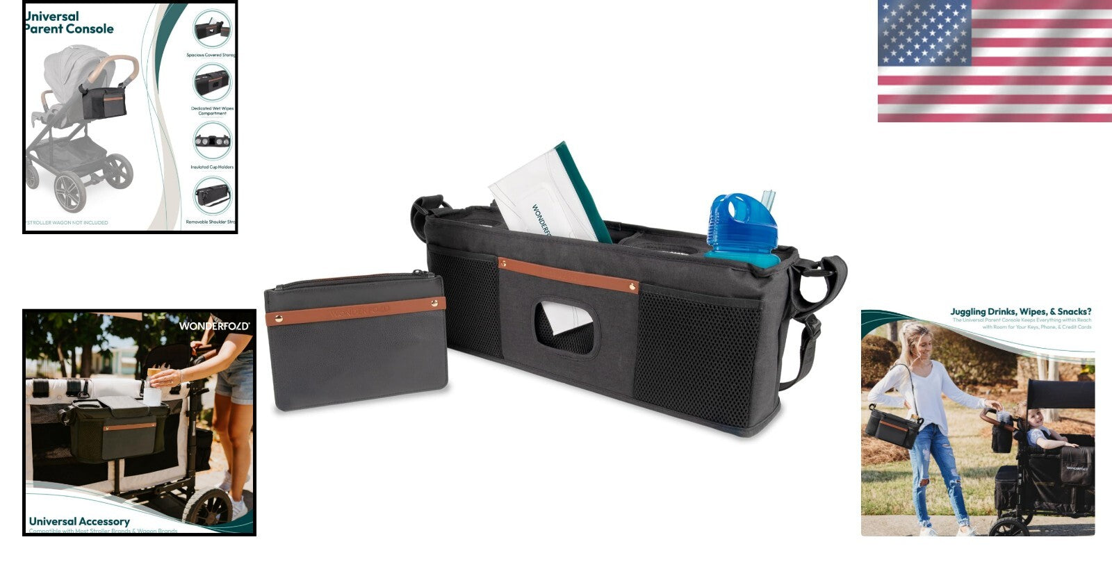 Enhanced Parent Console for Strollers with Baby Wipes Holder & Removable Strap