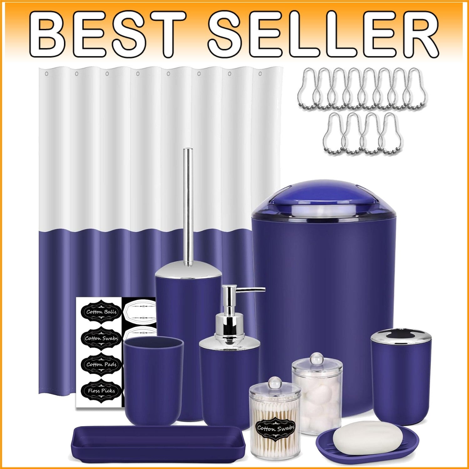Durable Navy Blue Bathroom Accessories Set – Shower Curtain & Storage Solutions