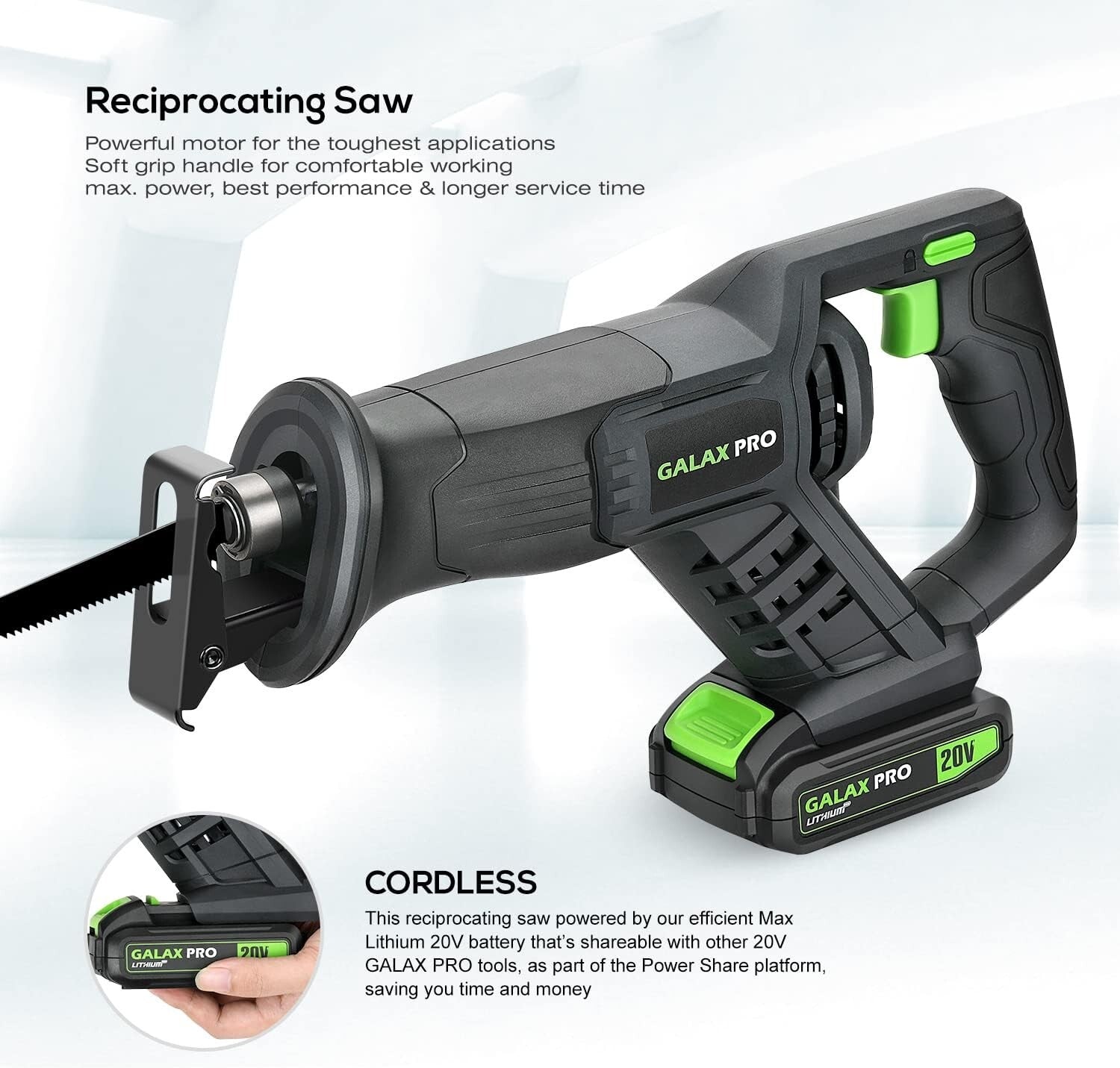Powerful 20V Cordless Reciprocating Saw with 7/8" Stroke Length & Comfort Grip