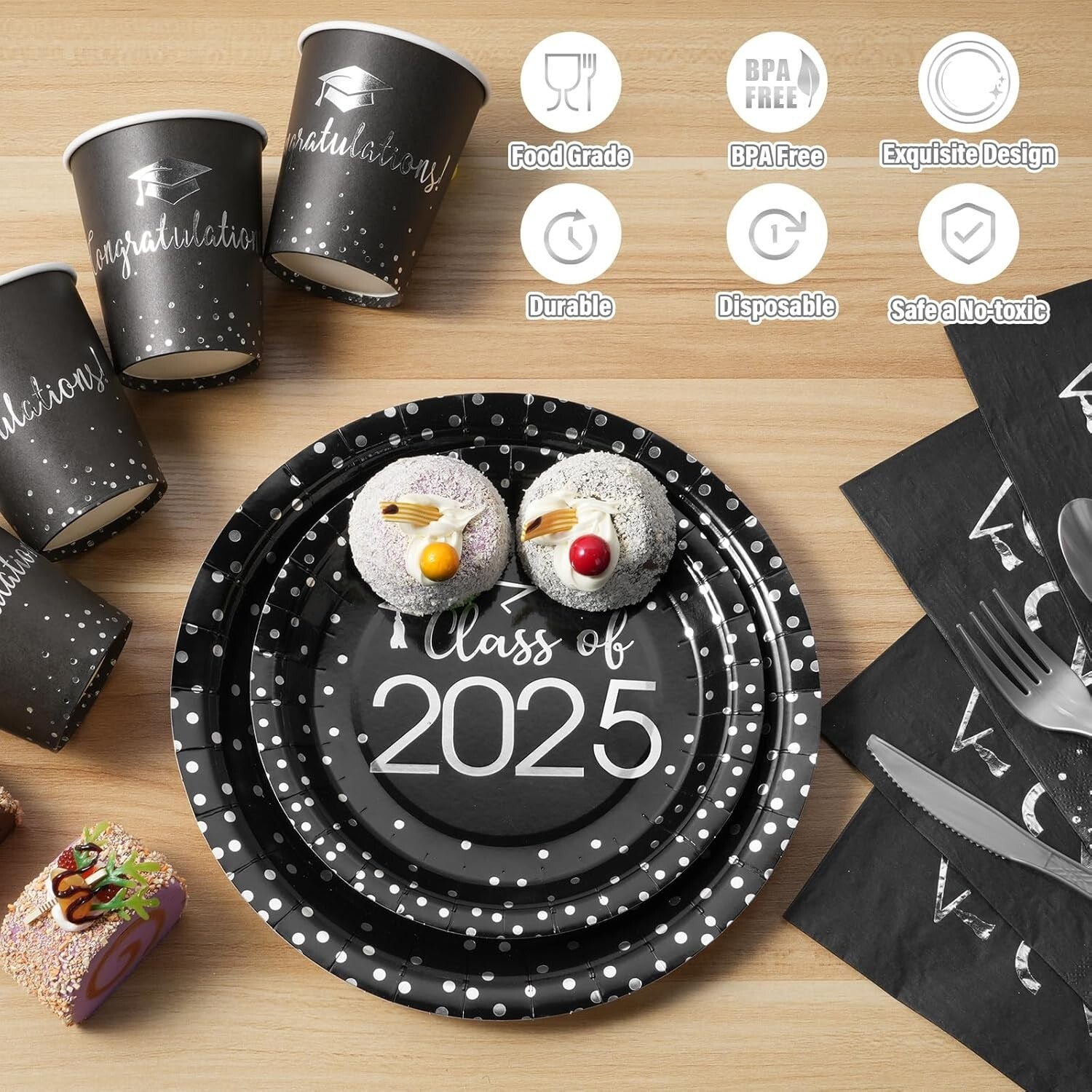 700pcs Graduation Party Supplies - Stylish Black & Silver Plates & Napkins