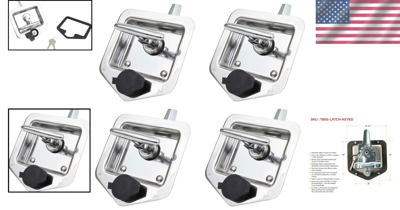 Corrosion-Resistant Stainless Steel T-Latch Set - Keyed Alike Security Lock