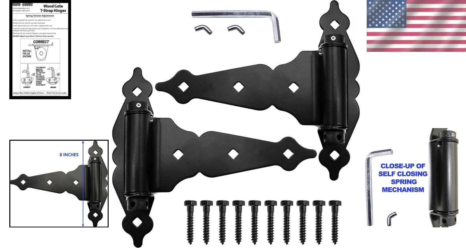 8-Inch Self-Closing T-Strap Gate Hinge in Black - Durable Steel Construction