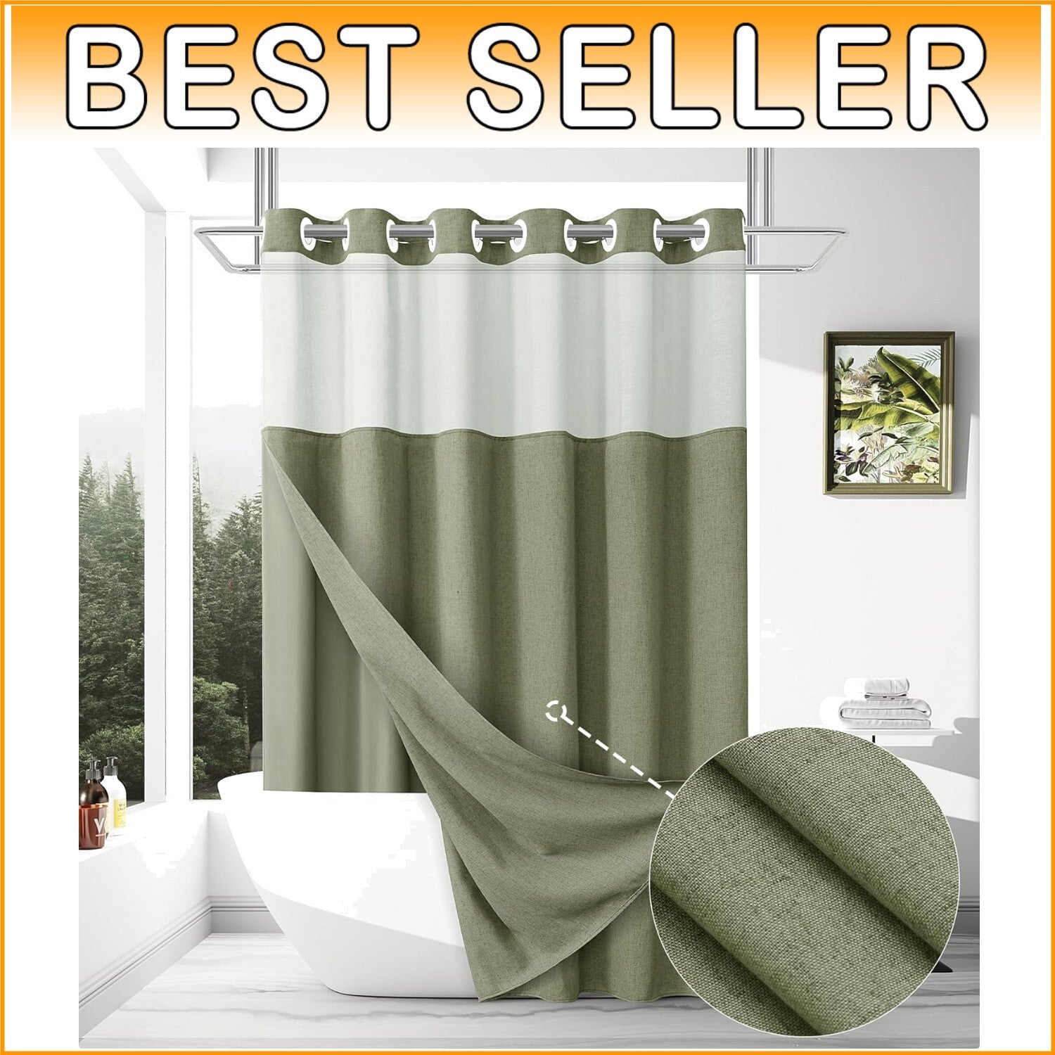 Chic Sage Green Shower Curtain 72x75 - No Hooks, Water-Repellent with Snap Liner