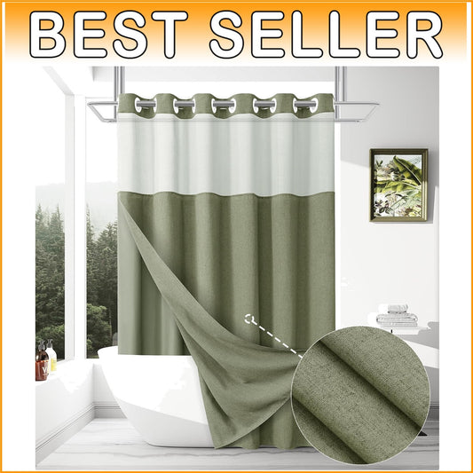 Chic Sage Green Shower Curtain 72x75 - No Hooks, Water-Repellent with Snap Liner