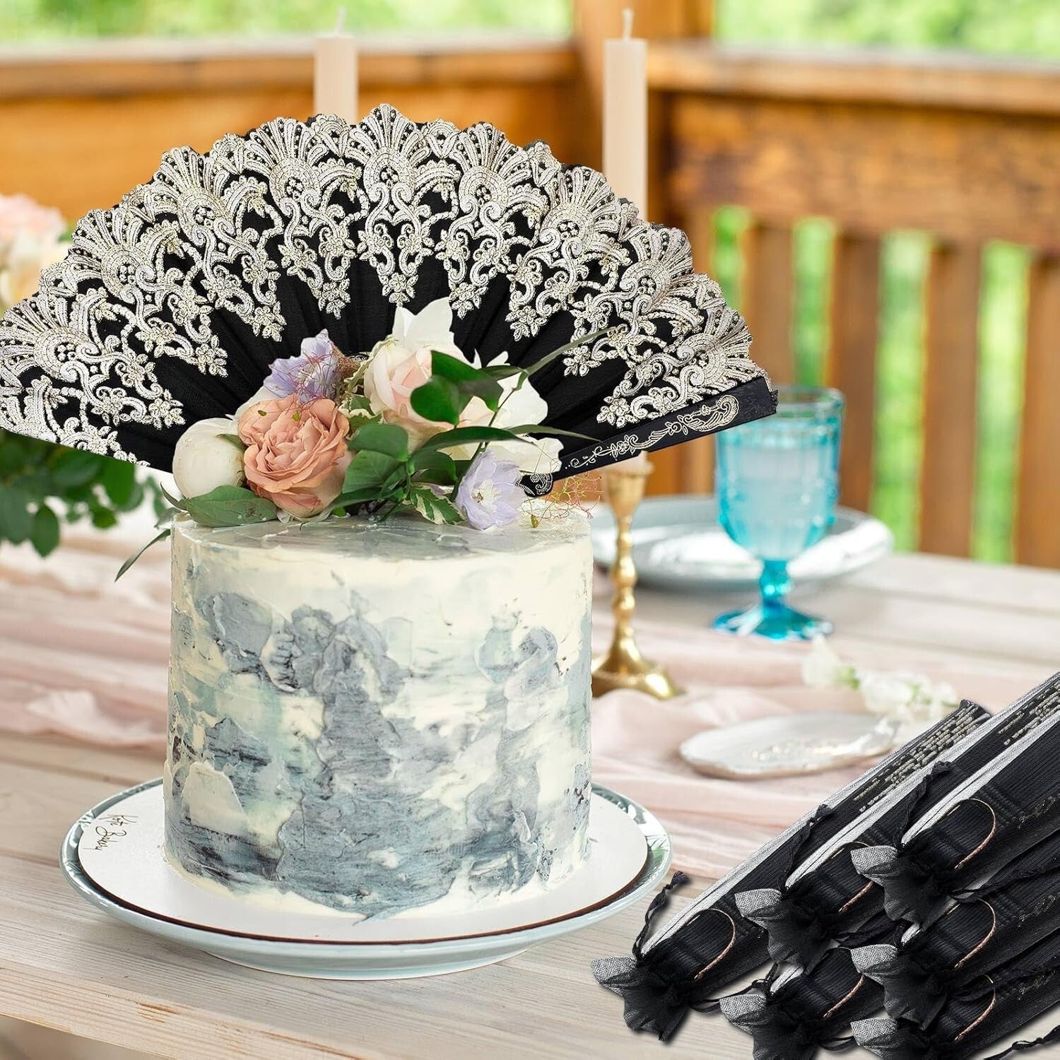 Chic 50 Pcs Lace Folding Fans with Gift Bags - Ideal for Summer Events & Dances