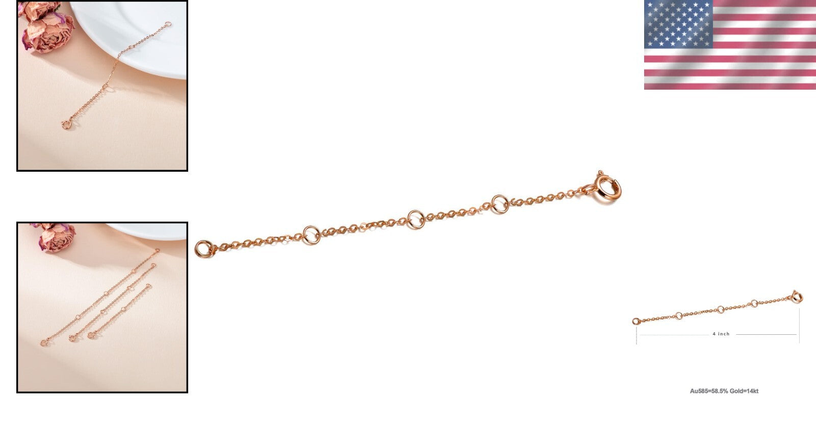 Durable 14K Gold Chain Extender - 4 Inch Adjustable Length for Necklaces & More