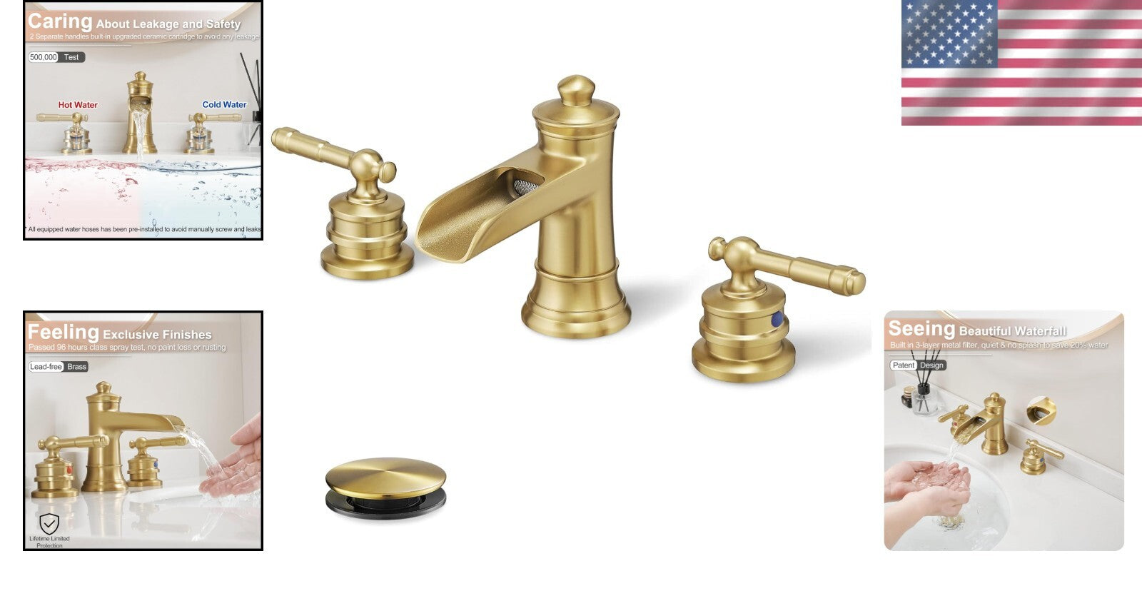 Elegant Gold Bathroom Faucet with Waterfall Spout - 4-16 Inch Widespread Design