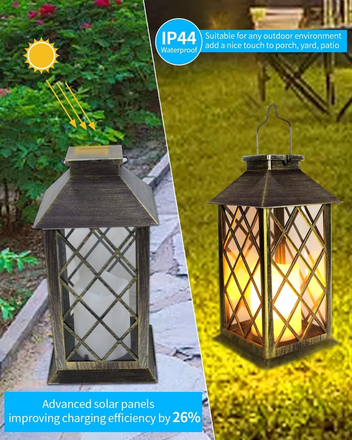 Durable Solar Lanterns with Auto On/Off – 2-Pack, 10 Lumen Flickering Light